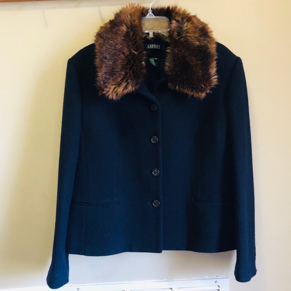 Ralph Lauren Navy Wool Coat Removable Fur Collar